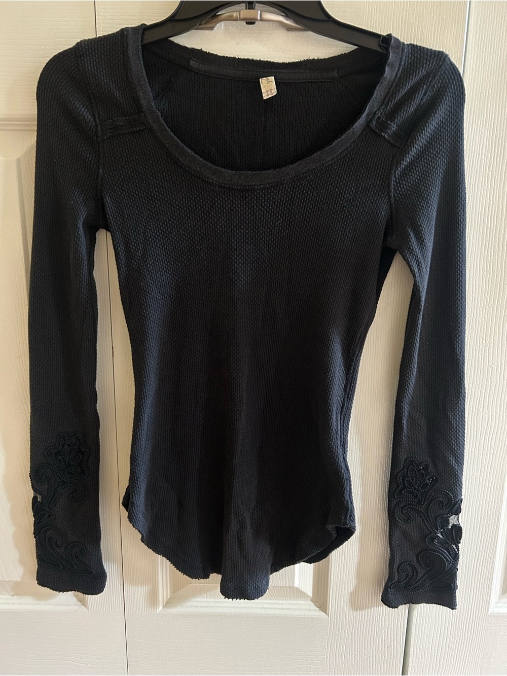 Free People Black Long-Sleeve Scoop Neck Thermal Top with Embroidered Cuffs